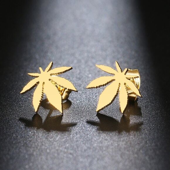 Gold Weed Leaf Stud Earrings Hypoallergenic Stainless Steel Marijuana Jewelry‎ - Picture 2 of 4